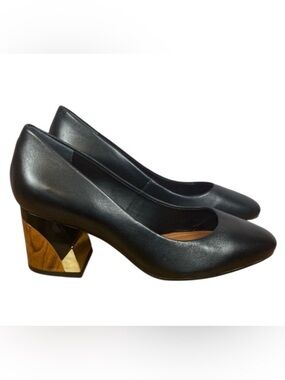 CAPELLI ROSSI Black Leather with Gold Block Heels round Toe Shoes Sz EU36